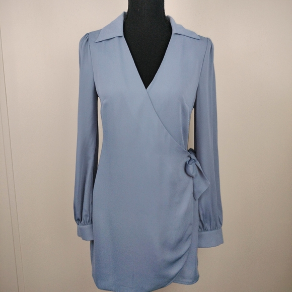 NWT My-Kim Collection The Blake Longsleeve Wrap Dress in Dusty Blue Sz. S - Picture 2 of 13
